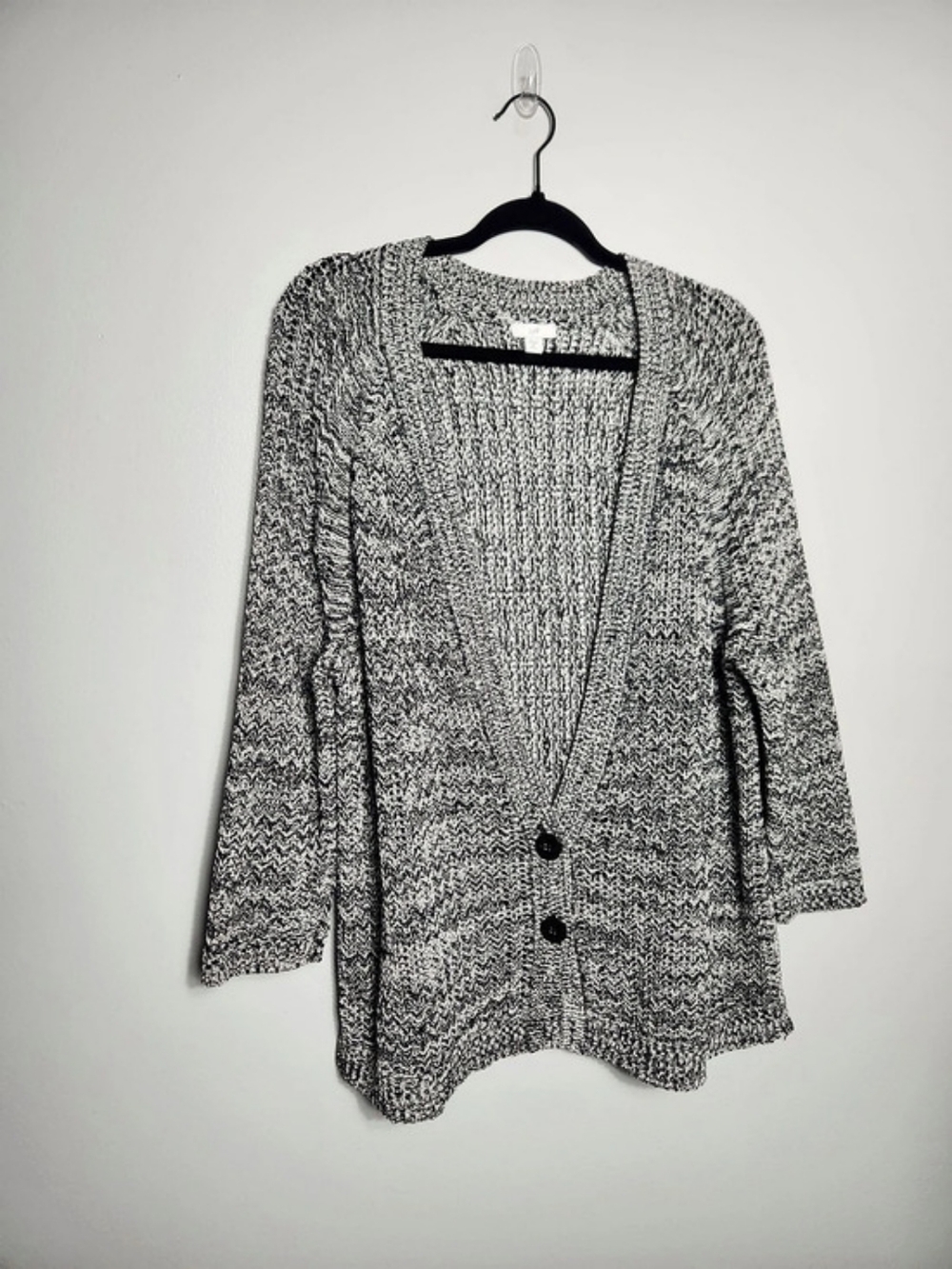 J. Jill Marled Knit Deep V-Neck Button Front Cardigan Sweater Black White XLP